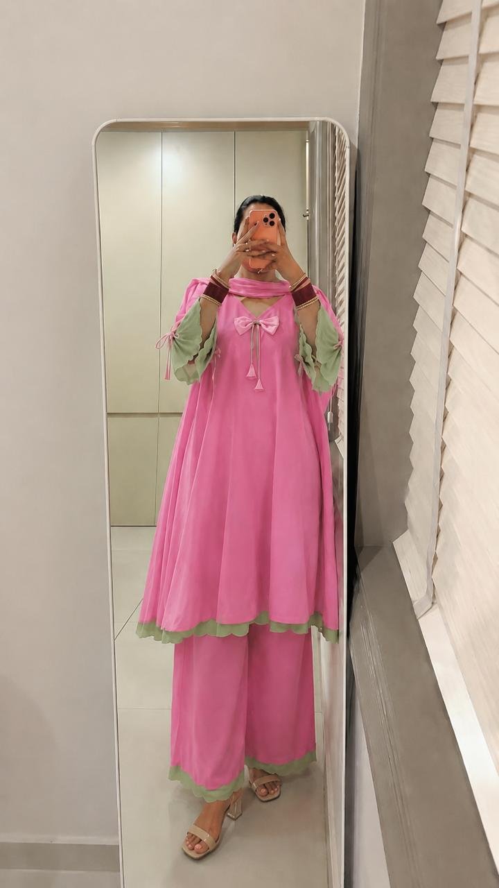Ethnic Plazo Suit โ Pink & Green Anarkali Style Suit Set
