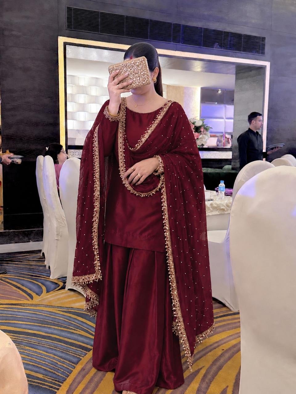 Maroon Embroidered Plazo Suit Set