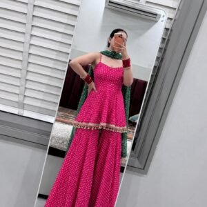 Pink Printed Ethnic Plazo Suit with Green Dupatta