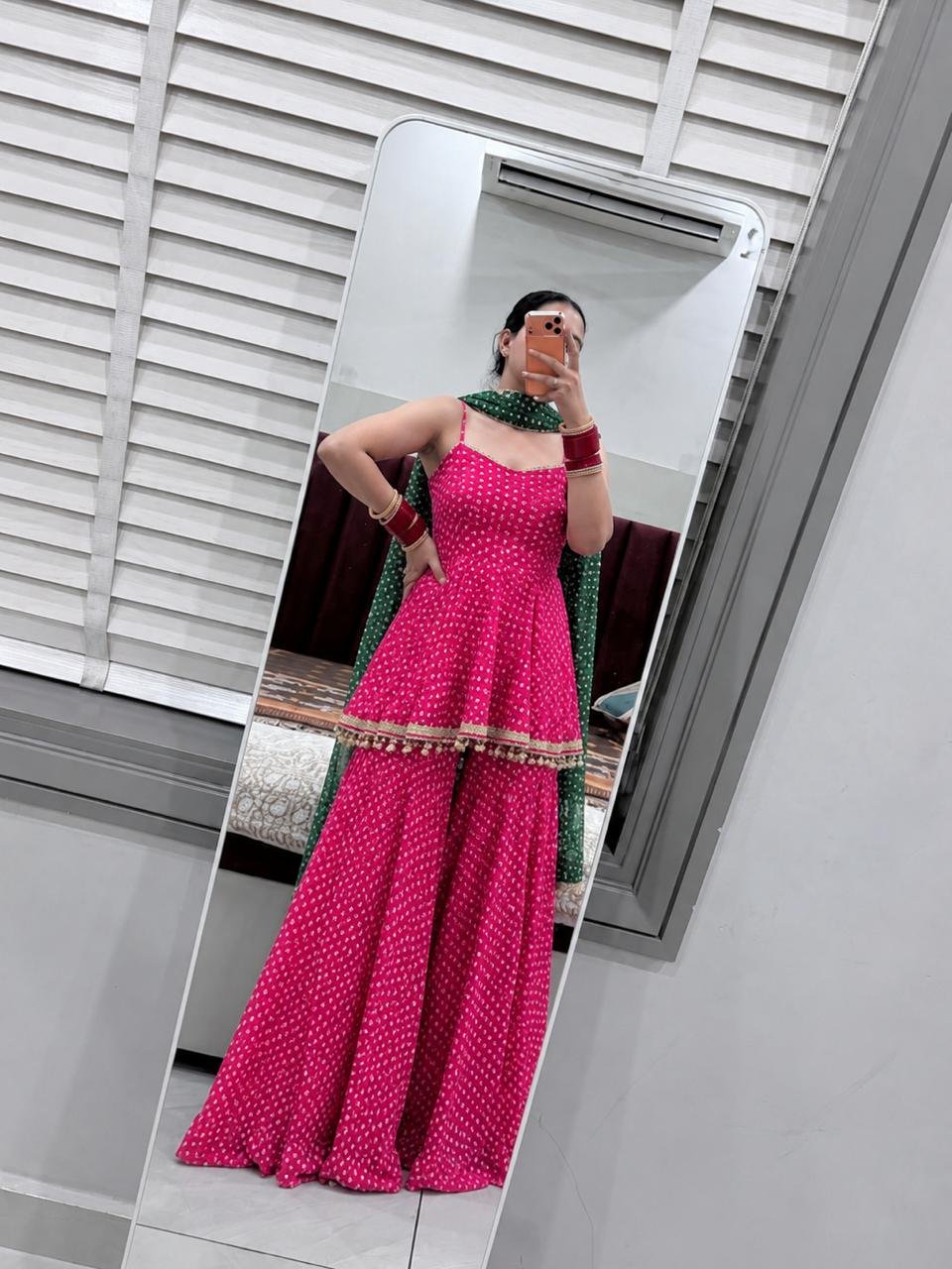 Pink Printed Plazo Suit with Green Dupatta