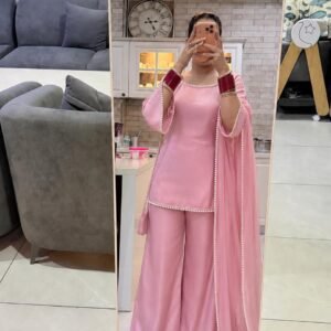 Pink Ethnic Plazo Suit with Pearl Detailing