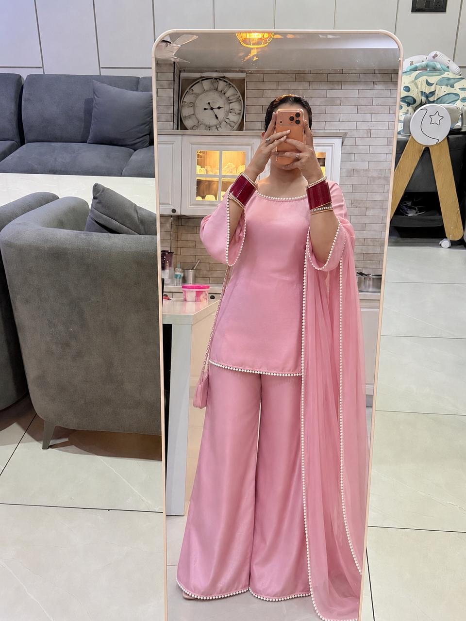 Pink Plazo Suit with Pearl Detailing
