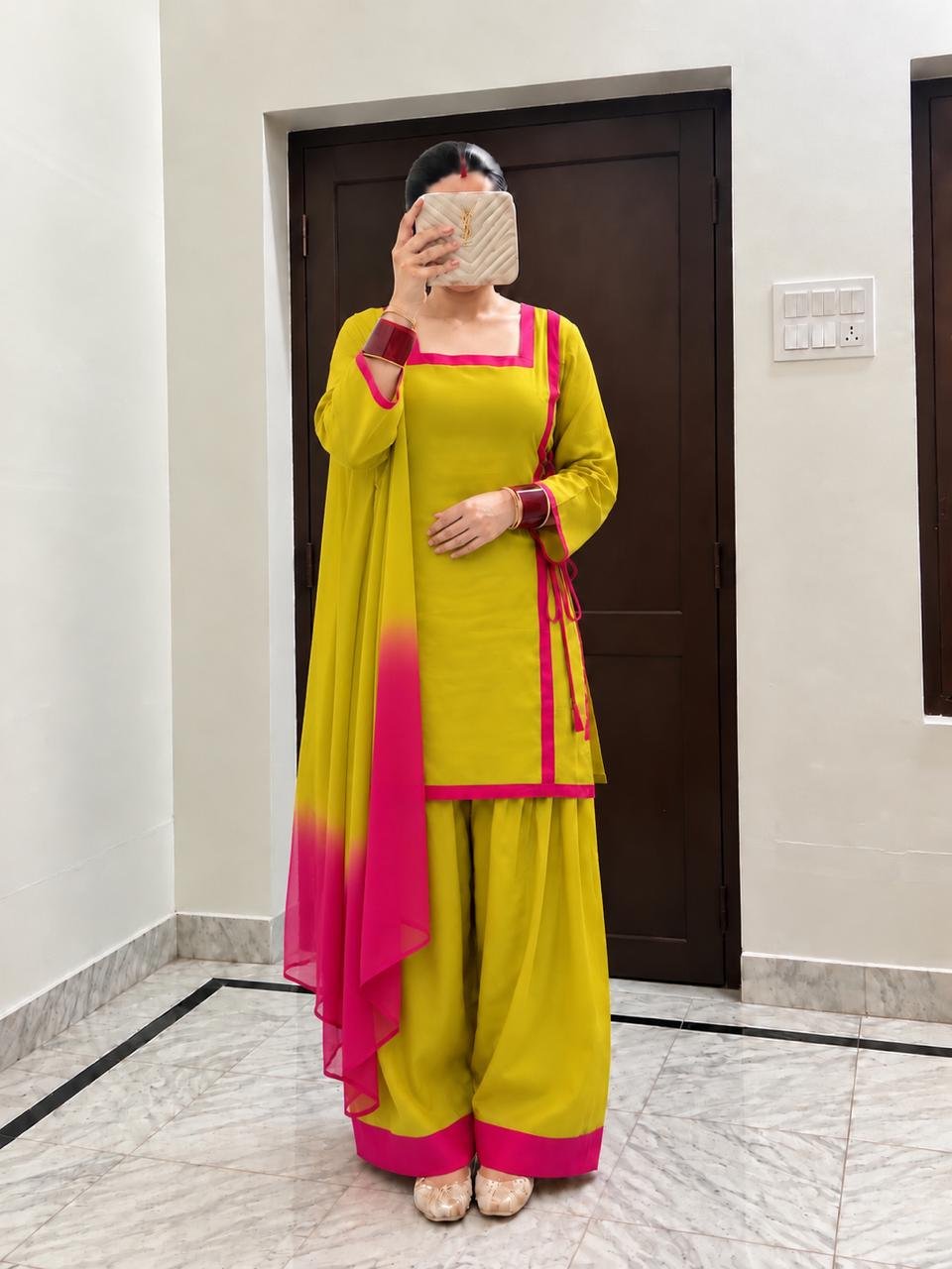 Yellow Pink Farshi Salwar Suit Set
