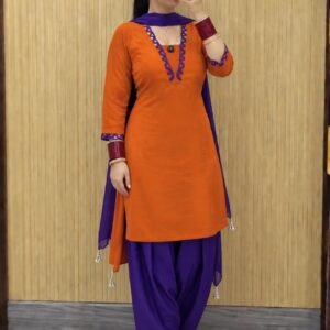 Orange and purple salwar suit featuring an embroidered neckline, matching purple pants, and a coordinating dupatta.