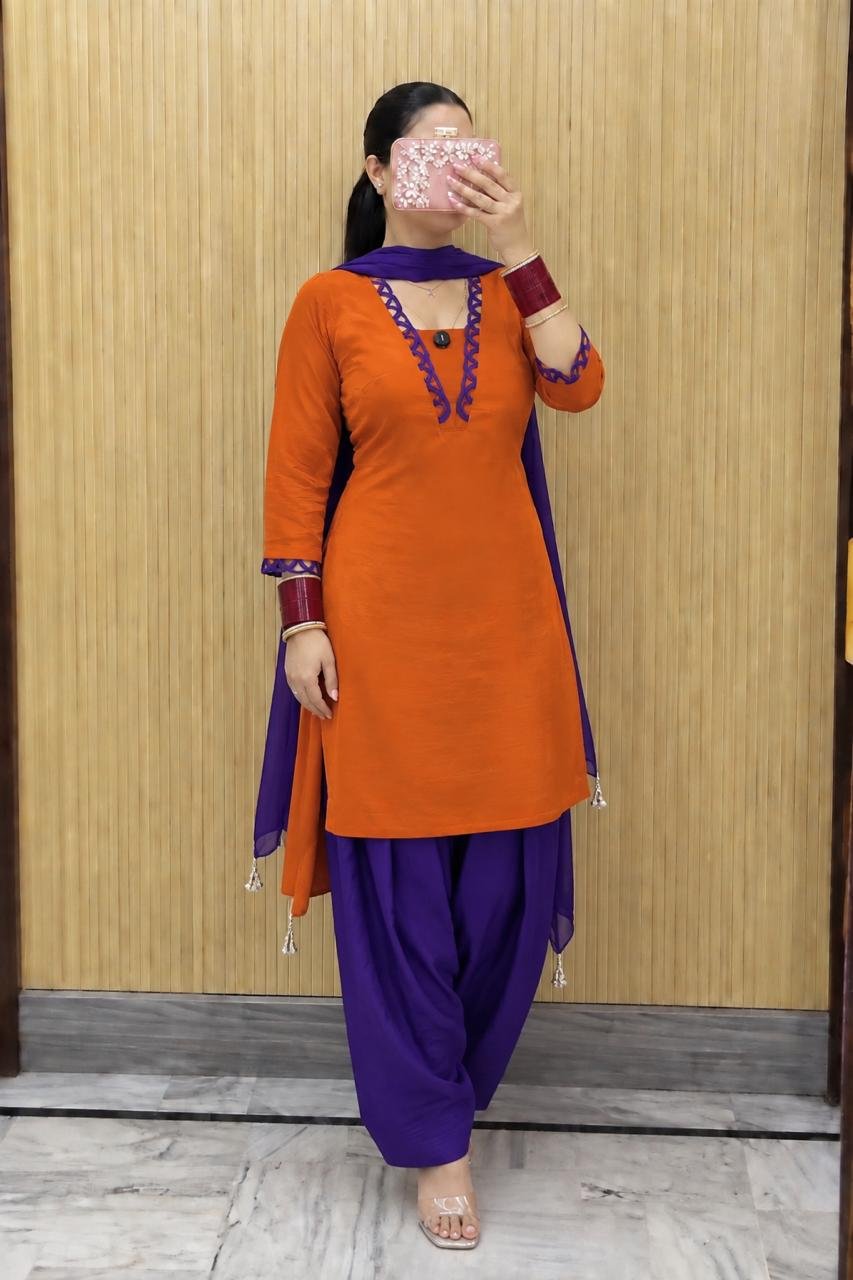 Orange Purple Printed Salwar Suit Set