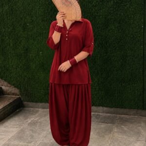 Maroon salwar suit with button-detail kurta and matching wide-leg salwar