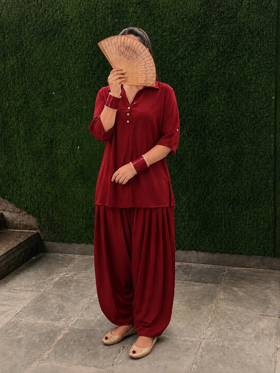 Maroon Button Detail Salwar Suit Set