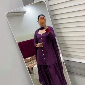 Purple Punjabi style salwar suit with button-detail kurta, matching salwar, and dupatta