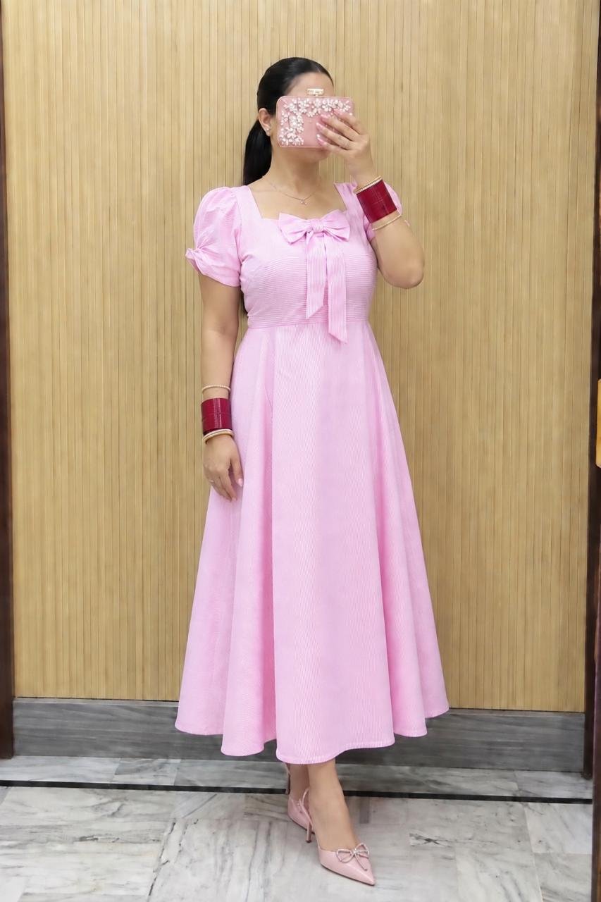 Pink Bow Detail Flared Dress