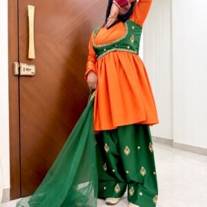 Orange and Green Embroidered Ethnic Plazo Suit