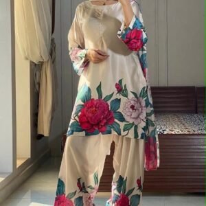Cream Farshi Salwar suit with a floral printed kurta, matching wide-leg salwar, and coordinating dupatta